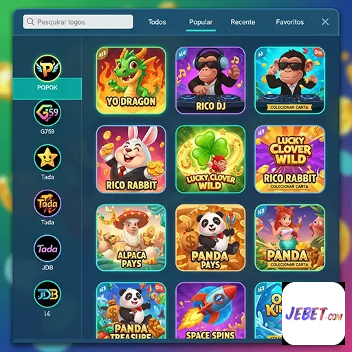 Interface do aplicativo jebet com jogos de slot populares.