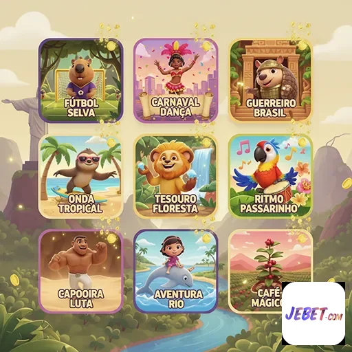 Quadro de caça-níqueis temáticos da jebet com animais e cultura.