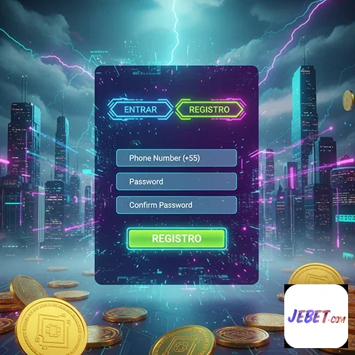 Tela de registro do aplicativo jebet com moedas ao fundo.
