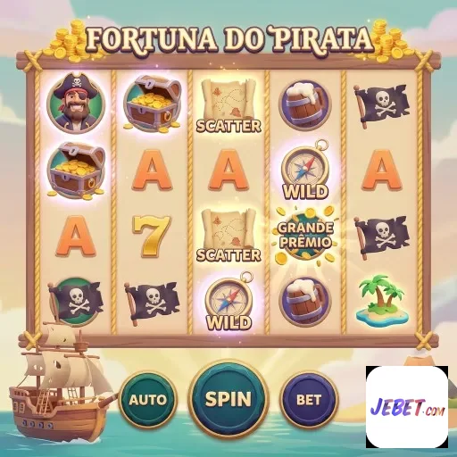 Slot 'Fortuna do Pirata' no site jebet, com símbolos de navios.