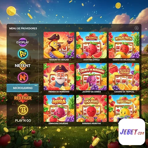 Tela do site jebet com diversos jogos de slots coloridos.