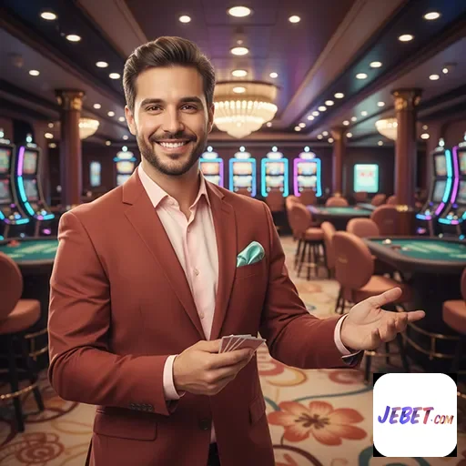Jogador VIP no cassino jebet exibindo cartas em ambiente luxuoso.