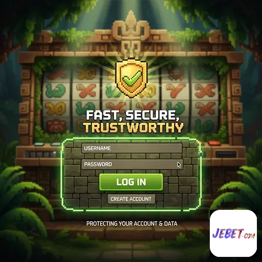 Interface de login do jebet com slots em fundo florestal.