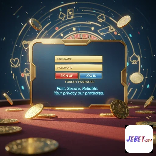 Tela de login do aplicativo jebet com moedas ao fundo.