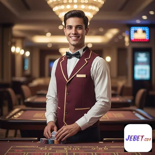 Atendente sorridente na plataforma jebet com ficha de poker.